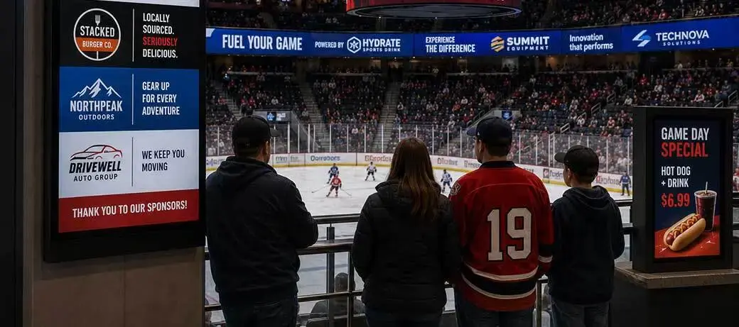Arena digital signage displaying sponsor advertisements
