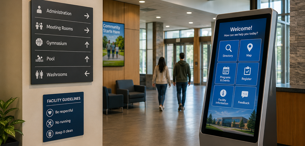Interactive kiosk beside traditional signage in a public facility