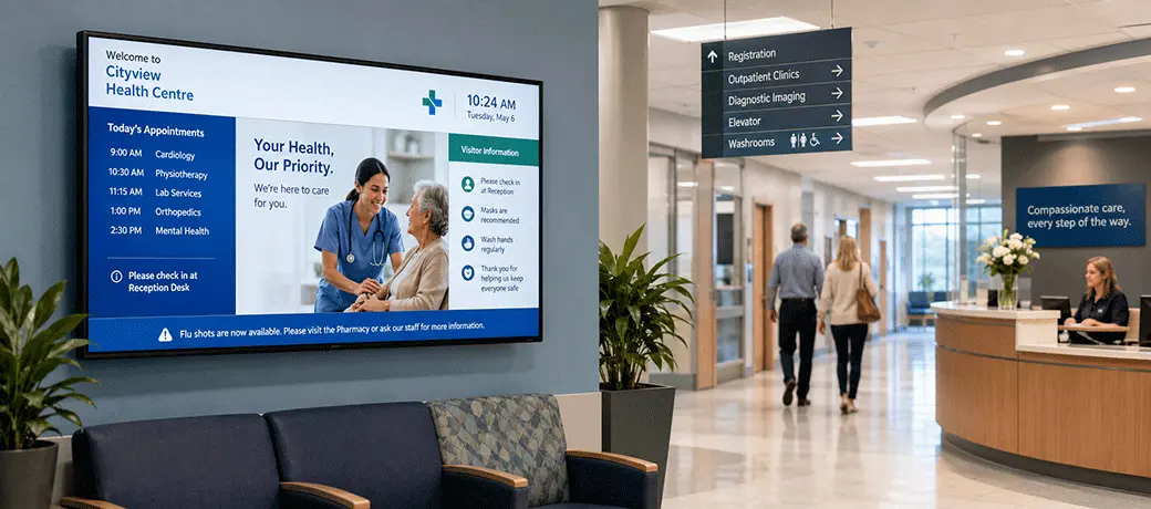 Healthcare digital signage displaying patient communication