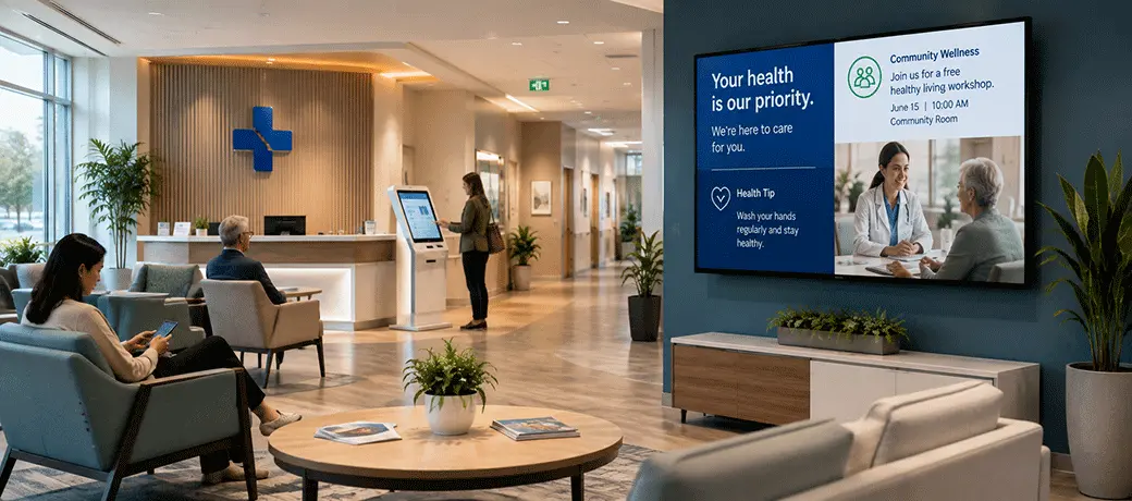 Modern healthcare waiting room with digital signage and self-service technology