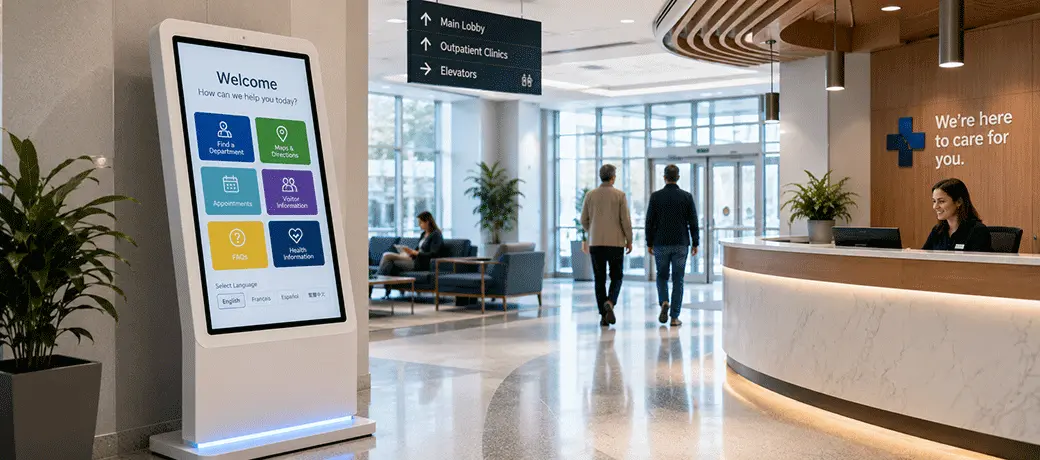 Interactive self-service kiosk in a healthcare facility reception area